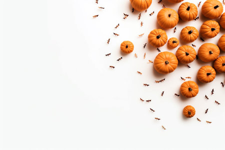 Halloween decoration with pumpkins on white background. Flat lay, top viewの素材