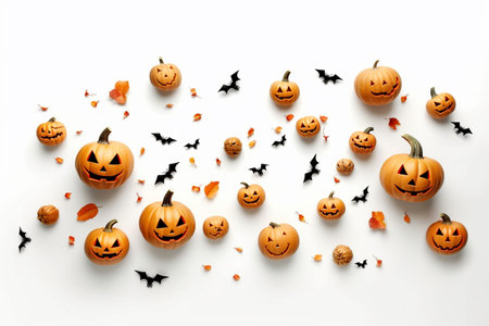 Halloween pumpkins, bats and confetti on white background.の素材