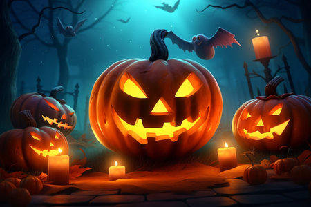 Halloween pumpkins with scary faces in dark forest. 3D renderingの素材