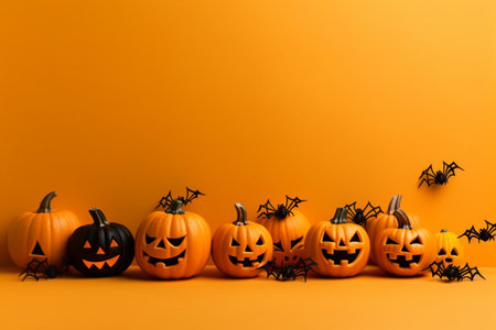 Halloween pumpkins on orange background with copy space for text.の素材