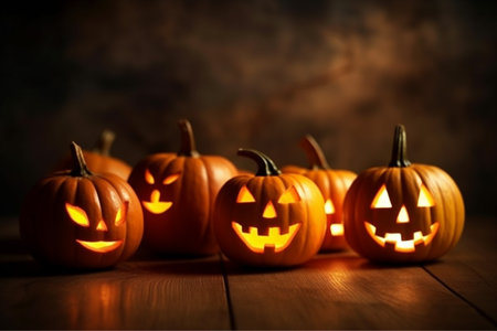 Halloween pumpkins on wooden table, halloween background.の素材