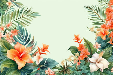 Tropical background with flowers and palm leaves. Vector illustration.の素材