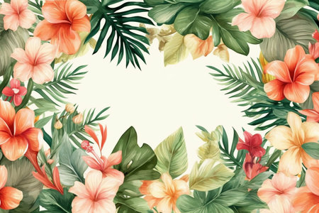 Tropical leaves and hibiscus flowers background. Vector illustration.の素材