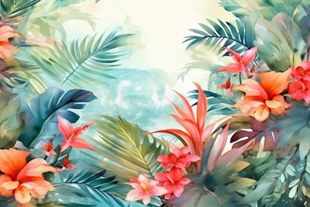 Watercolor tropical background with palm leaves and hibiscus flowersの素材