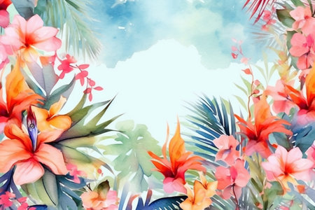 Watercolor tropical background with exotic flowers and palm leaves. Hand drawn illustrationの素材