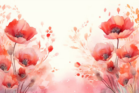 Watercolor background with red poppies. ai generatedの素材