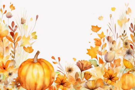 Autumn watercolor background with pumpkins, flowers and leaves.ai generatedの素材