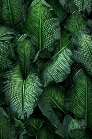 Tropical leaves background. Green leaves texture. Flat lay, top view.ai generatedの素材