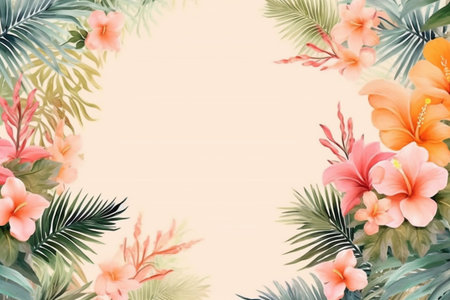 Tropical background with palm leaves and hibiscus flowers.ai generatedの素材