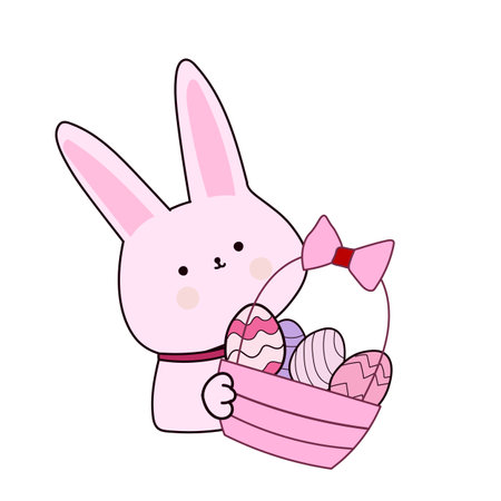 Cute bunny with basket full of Easter eggs. Vector illustration.のイラスト素材