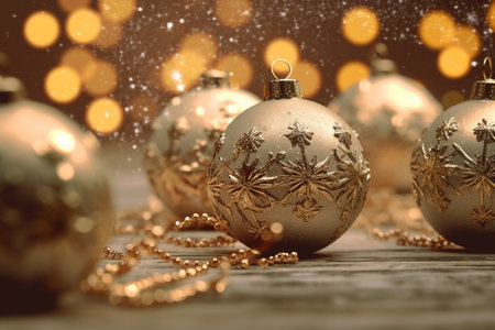 Christmas balls on wooden background with bokeh and snowflakesの素材