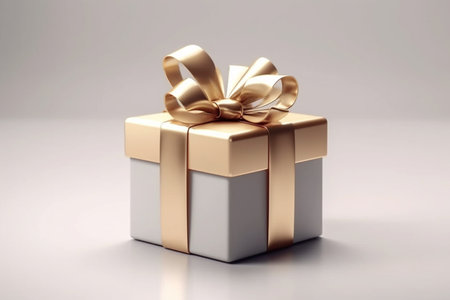 Gift box with gold bow on white background. 3d renderingの素材