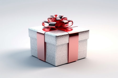 Gift box with red bow on white background. 3D renderingの素材