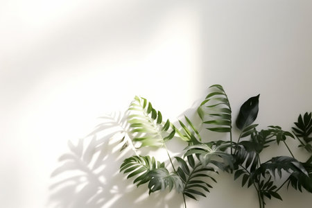 Tropical leaves on white wall background. Sunlight and shadowsの素材
