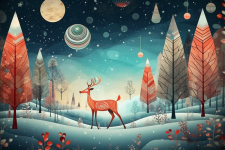 Fantasy winter landscape with red deer and forest. Vector illustration.の素材