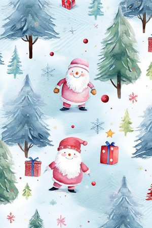 Watercolor Christmas background with Santa Claus, pine trees and gifts.の素材