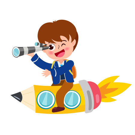 Cute little boy flying on a rocket with binoculars. Vector illustrationのイラスト素材