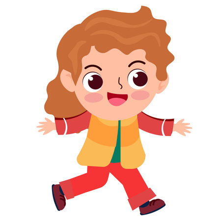 Cute Little Girl Walking on White Background, Vector Illustration.のイラスト素材