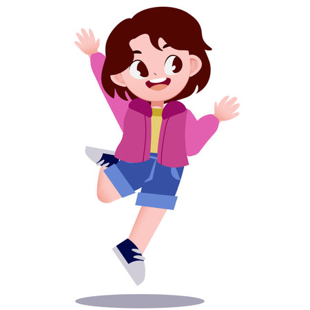 Cute little girl jumping. Vector illustration in flat cartoon style.のイラスト素材