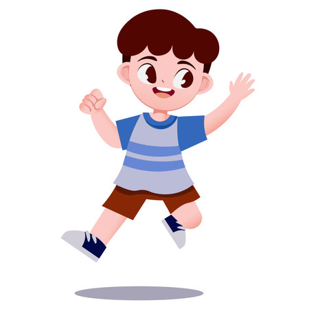 Cute little boy jumping and running isolated on white background. Vector illustration.のイラスト素材