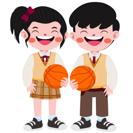 Boy and girl in school uniform holding basketball ball. Vector illustration.のイラスト素材