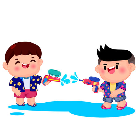 boy and girl playing with water gun on white background, vector illustration.Happy songkran festivalのイラスト素材