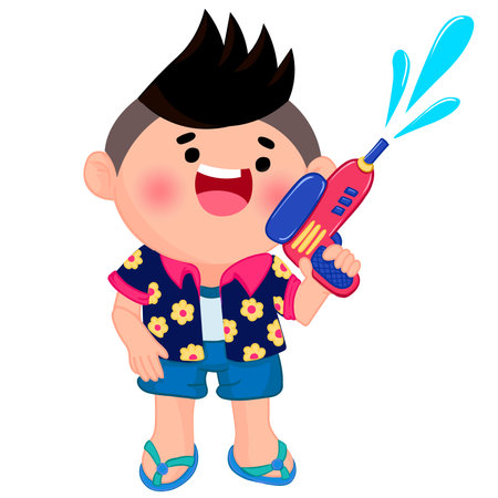 Cute little boy playing with a water gun. Vector illustration.のイラスト素材