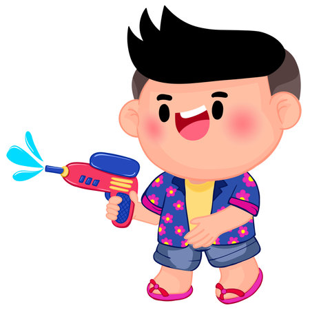 Cute little boy playing with water gun on Songkran dayのイラスト素材