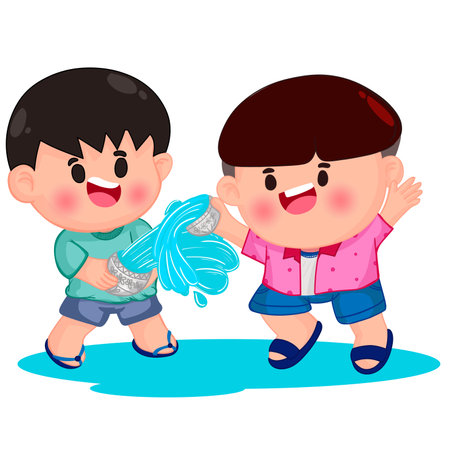 Cute little children playing with water gun. on Songkran dayのイラスト素材