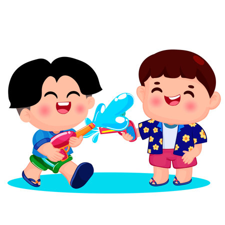 Cute little children playing with water gun. on Songkran dayのイラスト素材