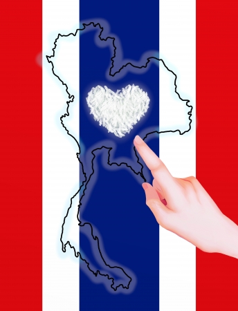 A Hand Pointing to Thailand s Map and Thailand s Flag, Showing Jasmine Rice is A Heart of Thai Farmerの写真素材