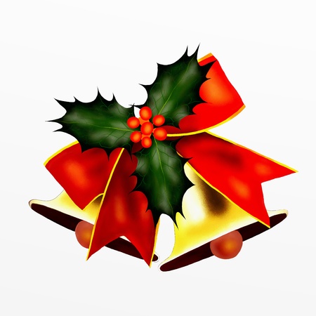 Two Golden Bells and Red Bow with Christmas Hollyの写真素材