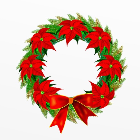 Christmas Wreath with Bow and Poinsettia Flowersの写真素材