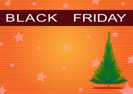 Black Friday Banner and Christmas Tree on Orange Star Background, Sign for Start Christmas Shopping Season の写真素材