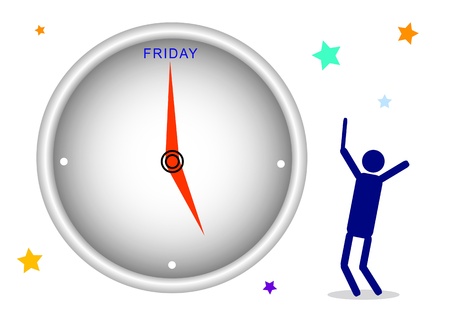 Cartoon of A Happy Businessman Watching A Clock and Waiting Time for Finish Working Friday  の写真素材