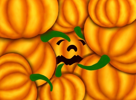 Jack-o-Lantern Pumpkins So Sad Under Other Various Pumkins, He I Want to Go to Halloween Celebration  の写真素材
