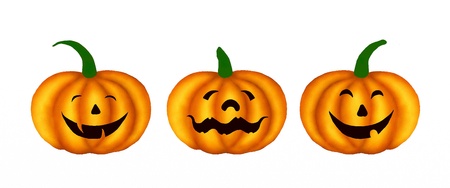 Three Happy Jack-o-Lantern Pumpkins with Different Faces, Isolated on White Background, For Halloween Celebrationの写真素材