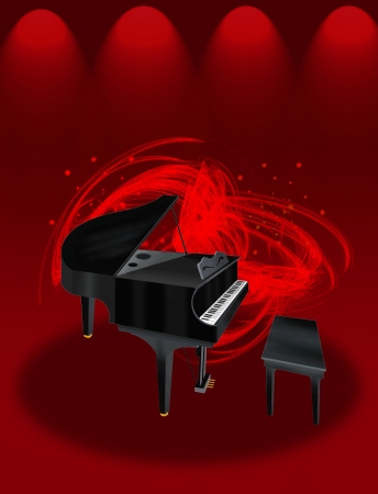 Hand Drawing of A Beautiful Grand Piano on Red Elegant Theater Stage Lighting, with Abstract Music Background の写真素材