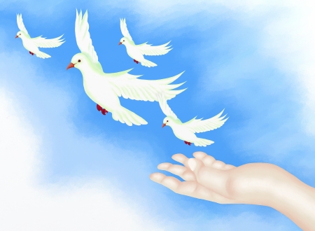 Hand Drawing, Open Hand Releasing Four White Doves Flying to The Freedom in Clear Blue Sky の写真素材