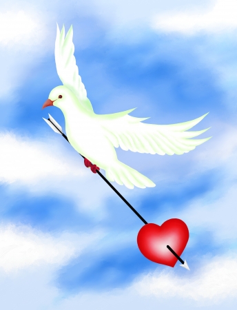 Love Sign, White Pigeons Flying in The Sky and Carrying An Arrow Piercing A Heart の写真素材