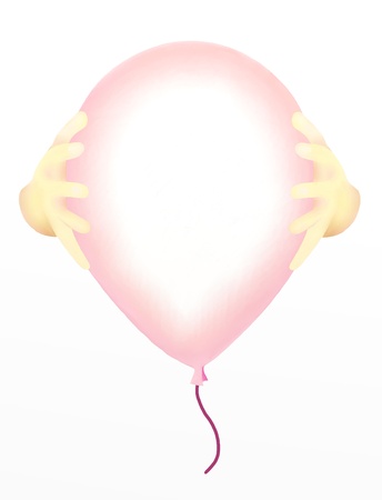 Hand Drawing, Human Hand Holding Pink Air Balloon and Copy Space for Add Your Own Text  Isolated on White Background  の写真素材