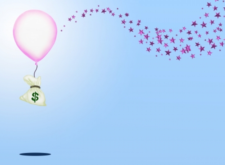 Business Concept   A Bag of Money Flying Up by A Big Pink Balloon with Sparking Pink Star on Light Blue Background  の写真素材
