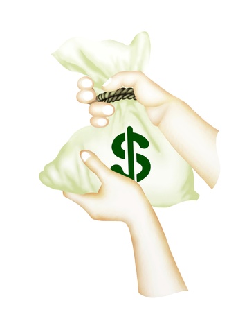 Business Concept   Human Hand Showing A Bag of Money Up in The Air Isolated on White Background  の写真素材