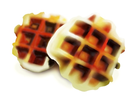 Hand Drawing of Two Golden Brown Homemade Belgian Waffles, Still Warm from The Waffle Iron の写真素材