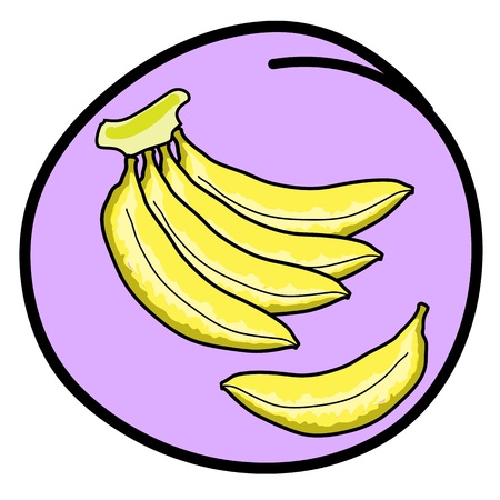Fresh Fruits, A Cartoon Illustration Bunch of Fresh Ripe Yellow Bananas in Purple Circle Frameのイラスト素材
