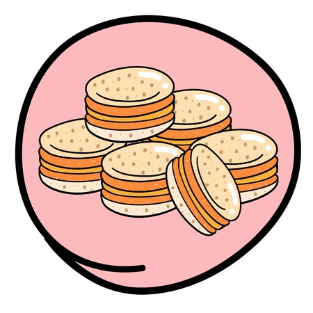 Food and Bakery, A Cartoon Illustration Stack of Fresh Macaroons Icon in Pink Circle Frameのイラスト素材