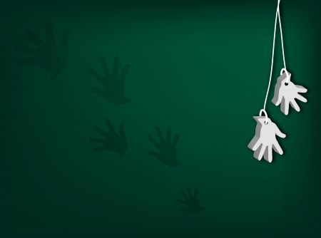 An Illustration of White Artificial Open Hand for Surrender Hand Signal or Retirement Hanging from Cord on Dark Green Backgroundのイラスト素材