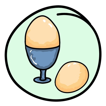 Breakfast, A Cartoon Illustration of Two Boiled Egg with An Eggcup in Light Green Circle Frameのイラスト素材