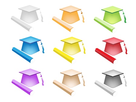 An Illustration Collection of Graduation Hat or Mortar Board and Certificate of Degree in Nine Assorted Colours, for Students Celebrate Graduation のイラスト素材