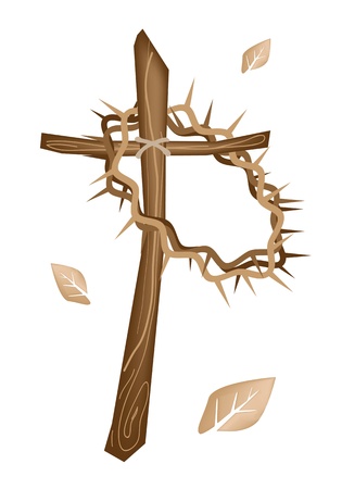 An Illustration Brown Colors of A Crown of Thorns Hanging on A Wooden Cross, Symbolizing Resurrection of Jesusのイラスト素材